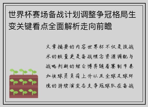 世界杯赛场备战计划调整争冠格局生变关键看点全面解析走向前瞻