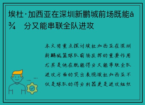 埃杜·加西亚在深圳新鹏城前场既能得分又能串联全队进攻