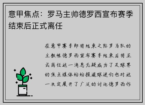 意甲焦点：罗马主帅德罗西宣布赛季结束后正式离任