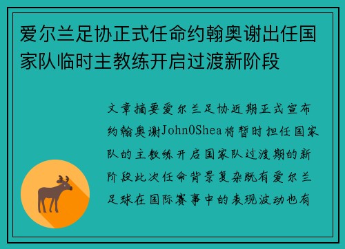 爱尔兰足协正式任命约翰奥谢出任国家队临时主教练开启过渡新阶段 爱尔兰足协正式任命约翰奥谢出任国家队临时主教练开启过渡新阶段
