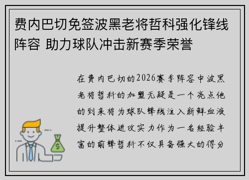 费内巴切免签波黑老将哲科强化锋线阵容 助力球队冲击新赛季荣誉 费内巴切免签波黑老将哲科强化锋线阵容 助力球队冲击新赛季荣誉